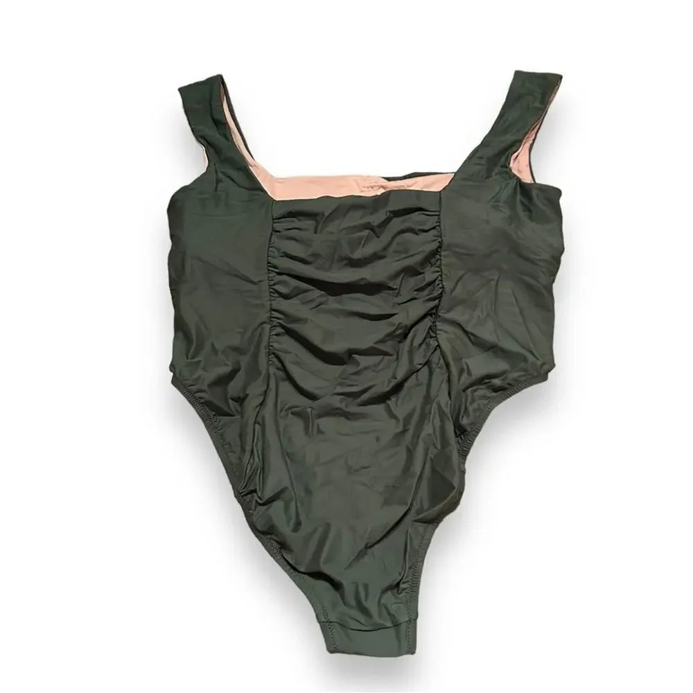 J. Crew Ruched Square Neck‎ One Piece Swimsuit in Safari Green Sz 22 NEW